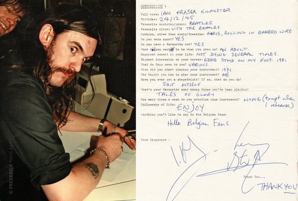 Lemmy filling up a Rock Questionnaire in France, 1983