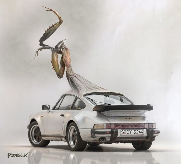 Revisited drawing mixing a praying mantis with a Porsche