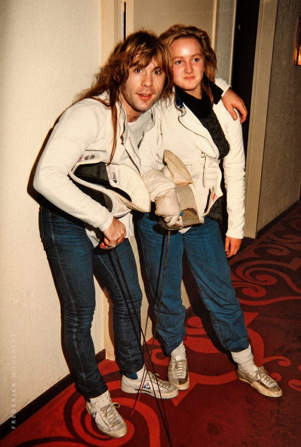 Bruce Dickinson & my sister Anne in Hotel corridor after a fencing exchange - World Slavery Tour 84