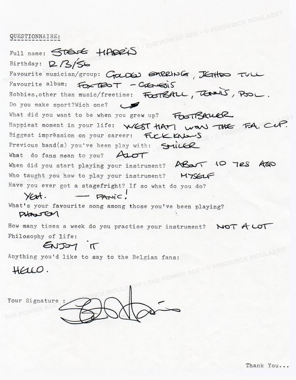 Steve Harris answers to my Rock Questionnaire (1983)