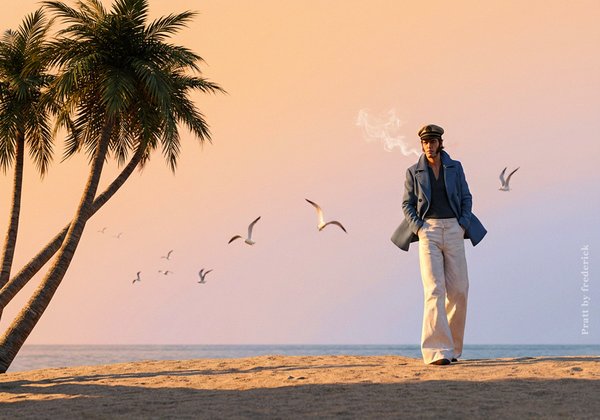 Laurent Terzieff in Corto Maltese walking on the beach at dawn