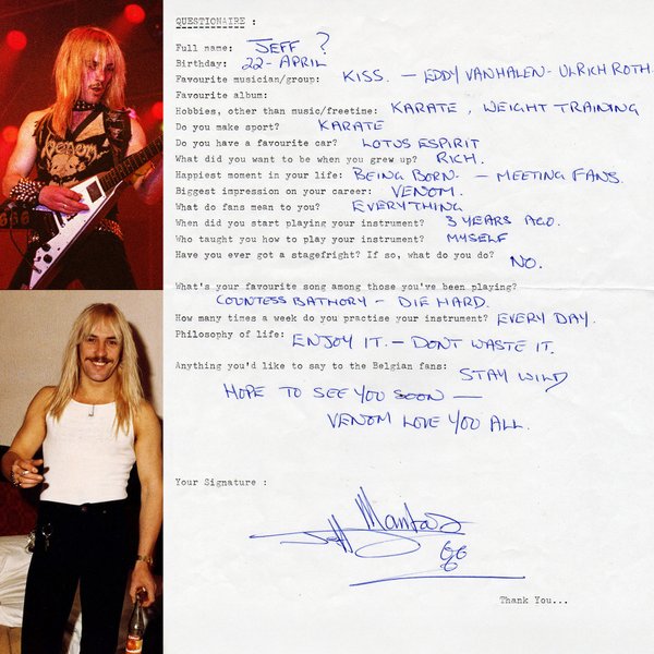 Rock questionnaire hand-filled by Jeff mantas (1983)