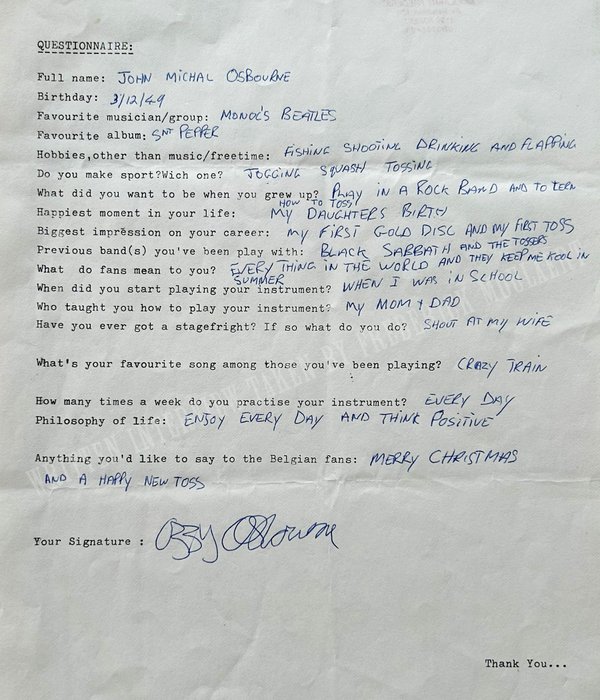 Hand-written Rock Questionnaire by Ozzy Osbourne in 1983