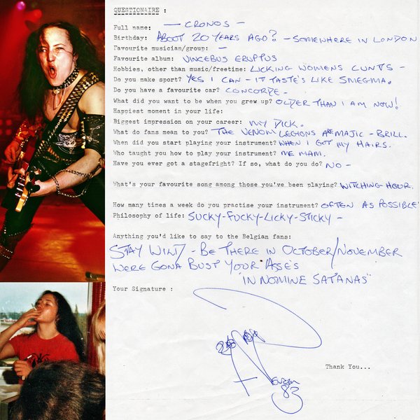 Rock questionnaire hand-filled by Cronos (1983)
