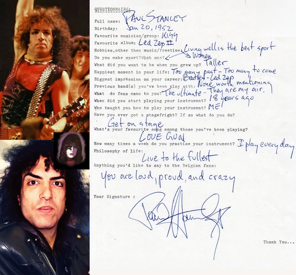 My Rock Questionnaire filled out manually by Paul Stanley 