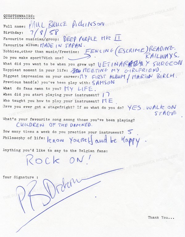 Bruce Dickinson answers to my Rock Questionnaire (1983)