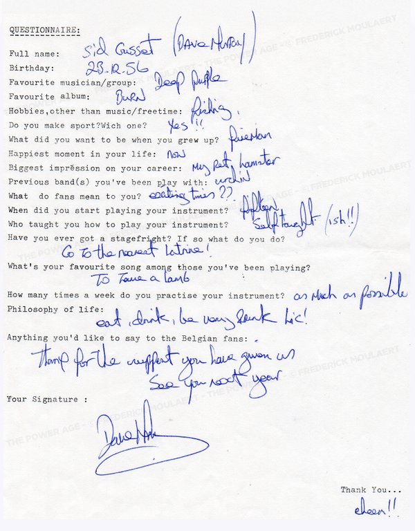 Dave Murray answers to my Rock Questionnaire (1983)