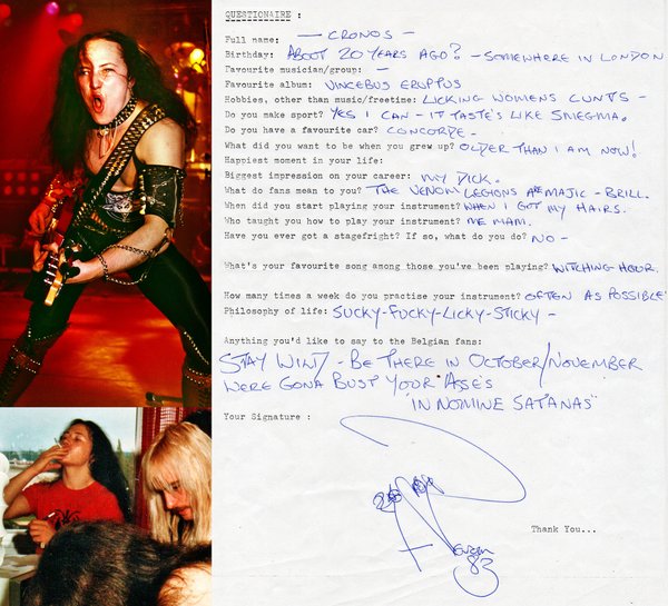 Rock questionnaire hand-filled by Cronos (1983)