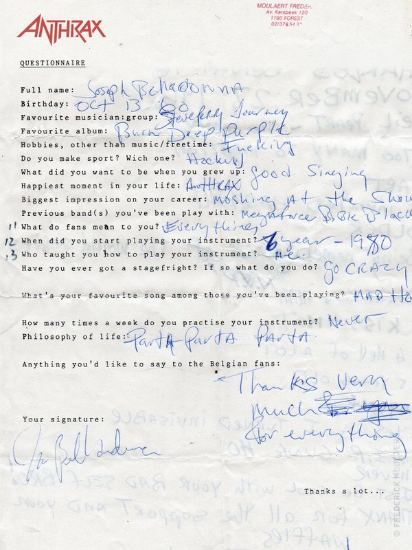 Joey Belladonna's hand-filled Rock Questionnaire