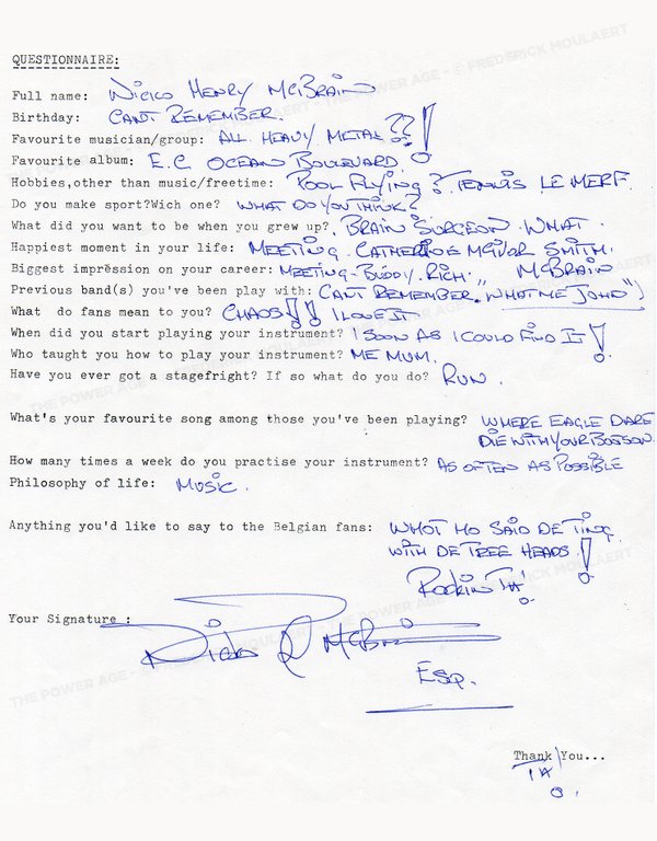Nicko Mc Brain answers to my Rock Questionnaire (1983)