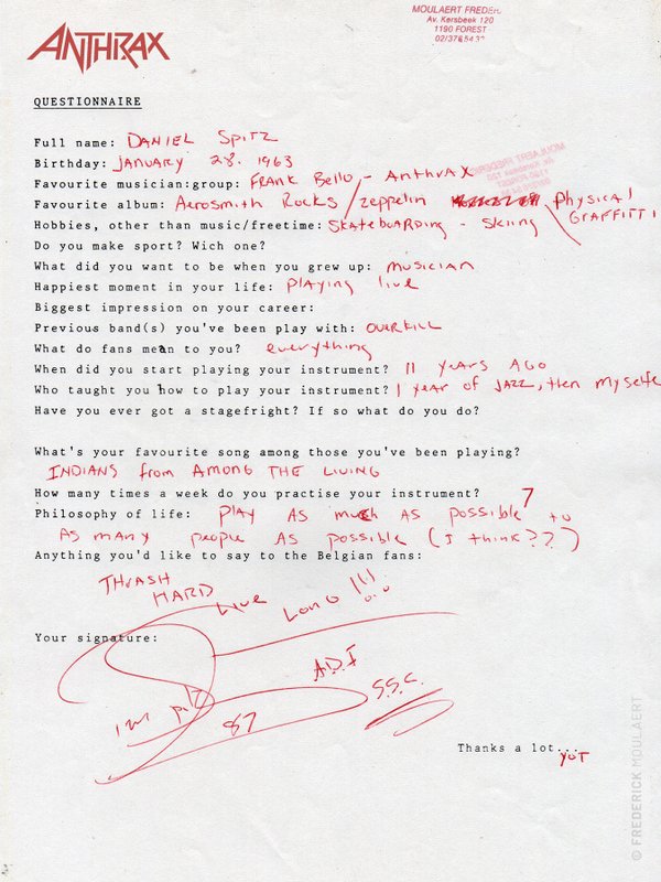 Dan Spitz's hand-filled Rock Questionnaire