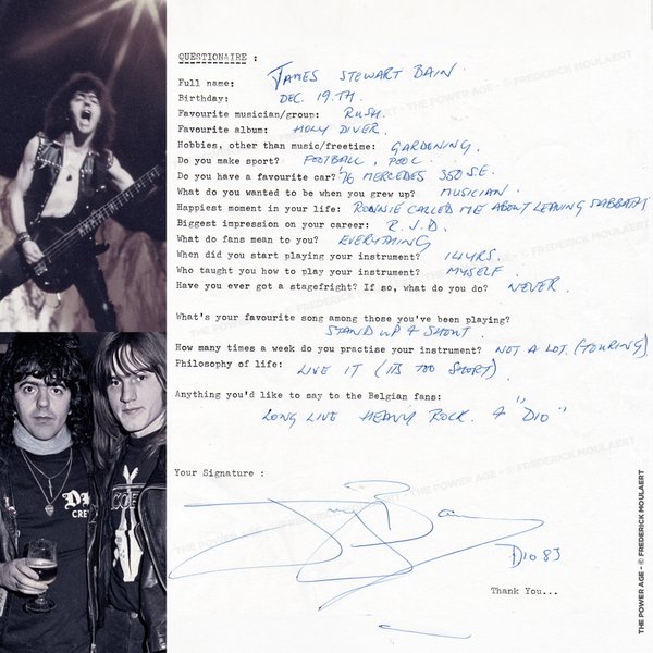 My Rock Questionnaire filled out by Jimmy Bain
