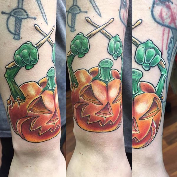 Jose Ignacio Castillo - Pumpkin Tattoo from mixed drawings "Number One" and "Drummer Pumpkin"