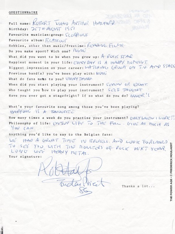 Rob Halford's hand-filled Rock Questionnaire