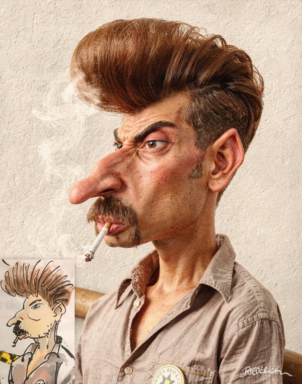 Luc Lamy, one of my St Luc teacher, 3D portrait from this original carricature on the bottom left of the image