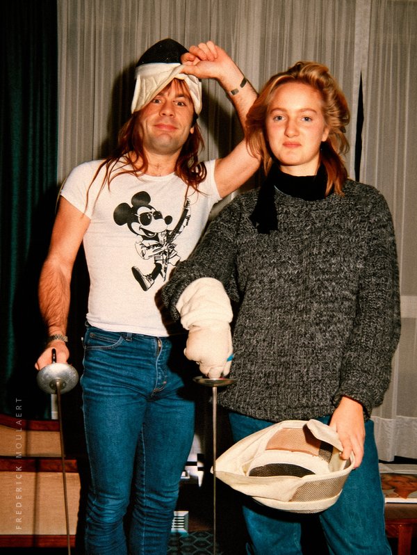 Bruce Dickinson & my sister Anne in Bruce's room, ready for a fencing bout - World Slavery Tour 84