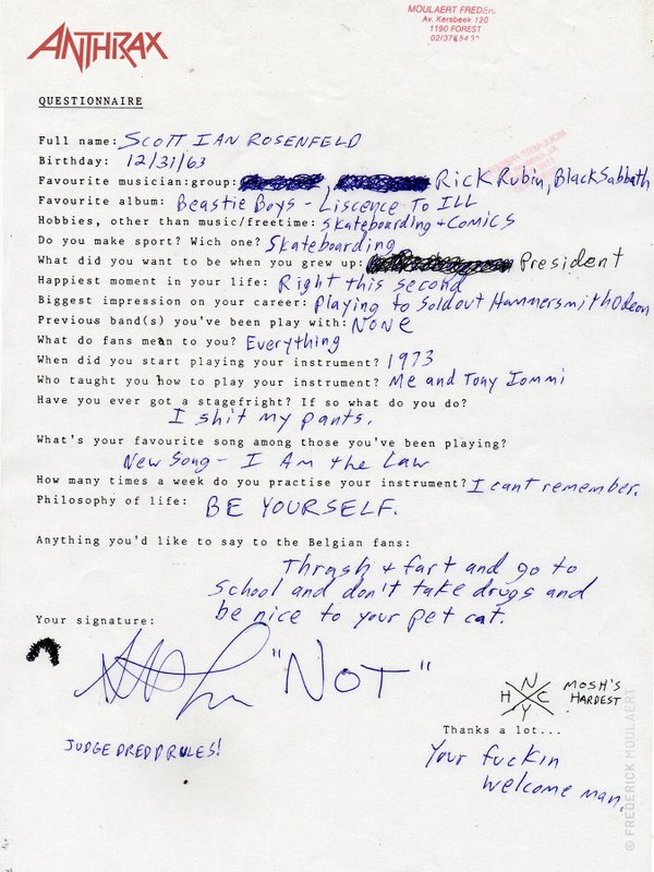 Scott Ian's hand-filled Rock Questionnaire