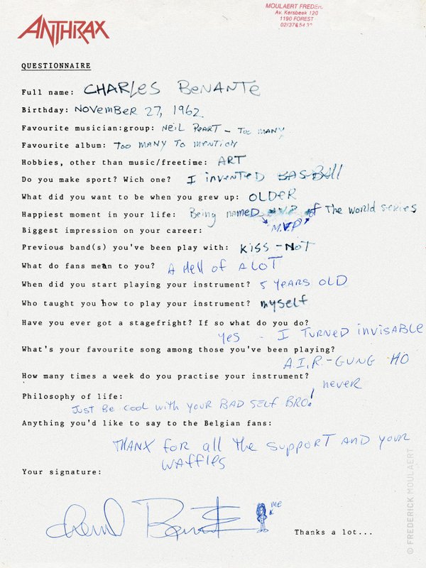 Charlie Benante's hand-filled Rock Questionnaire
