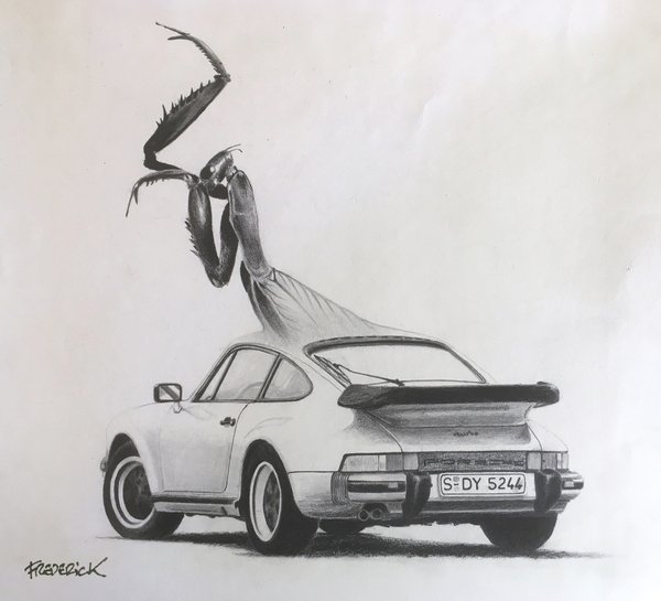School drawing from 1982 (attempt to mix a praying mantis with a Porsche)