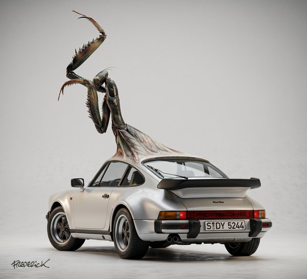 3D interpretation mixing a praying mantis with a Porsche