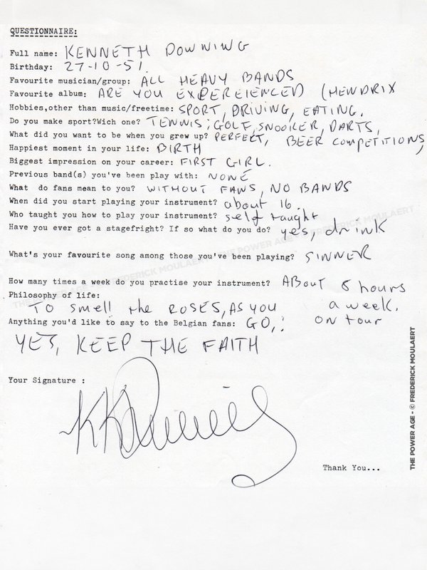 KK Downing's hand-filled Rock Questionnaire
