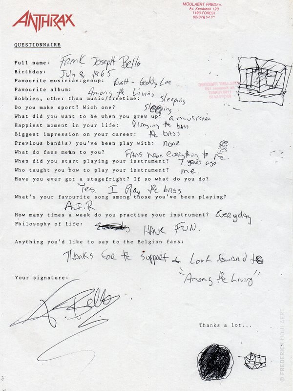 Frank Bello's hand-filled Rock Questionnaire
