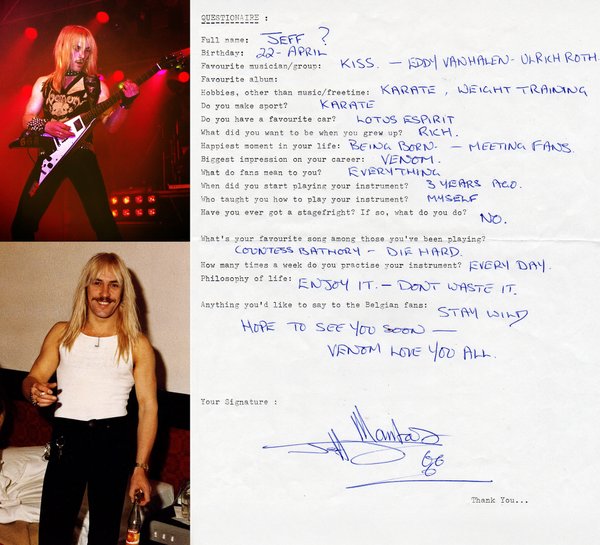 Rock questionnaire hand-filled by Jeff mantas (1983)