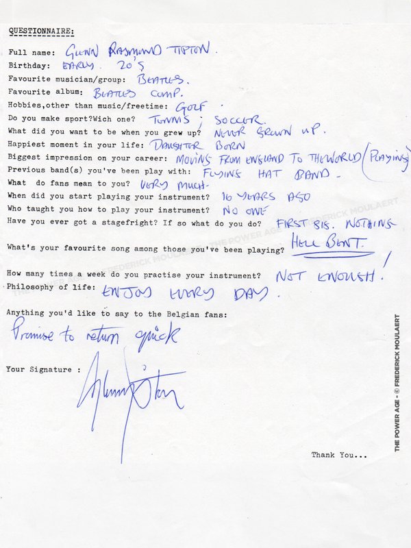 Glenn Tipton's hand-filled Rock Questionnaire