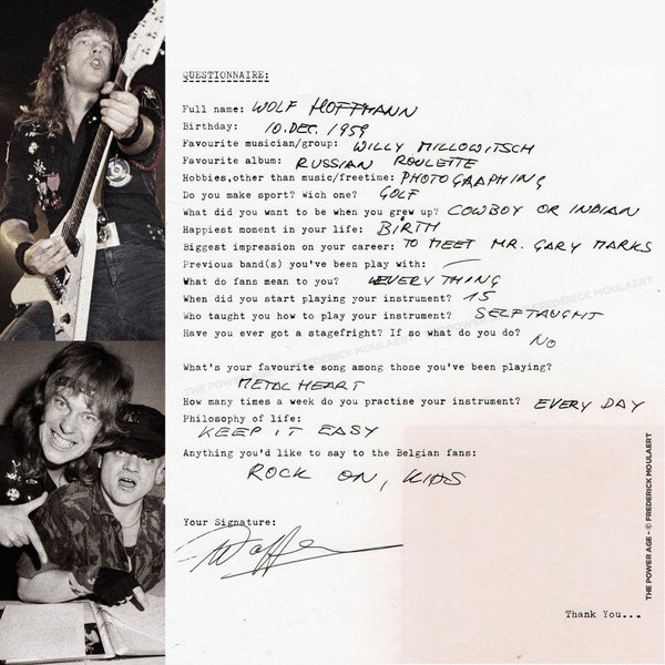 Rock Questionnaire hand-filled by Wolf Hoffmann