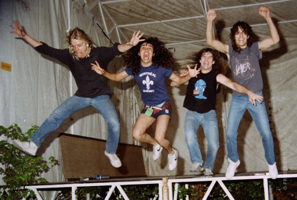 Slayer jumping backstage at the Heavy Sound Festival 1985