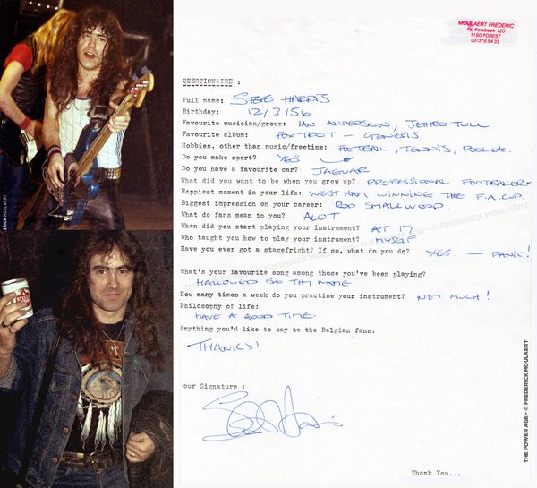Rock Questionnaire hand-filled by Steve Harris