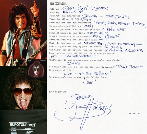 My Rock Questionnaire filled out manually by Gene Simmons